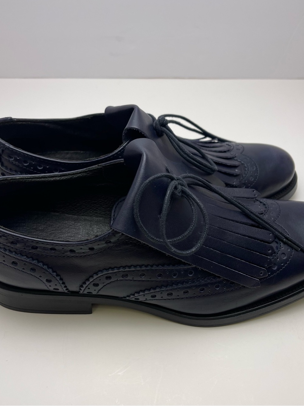 Boemos Women’s Indigo Leather Fringe Kiltie Brogue Wingtip Oxford Lace-Up EU38